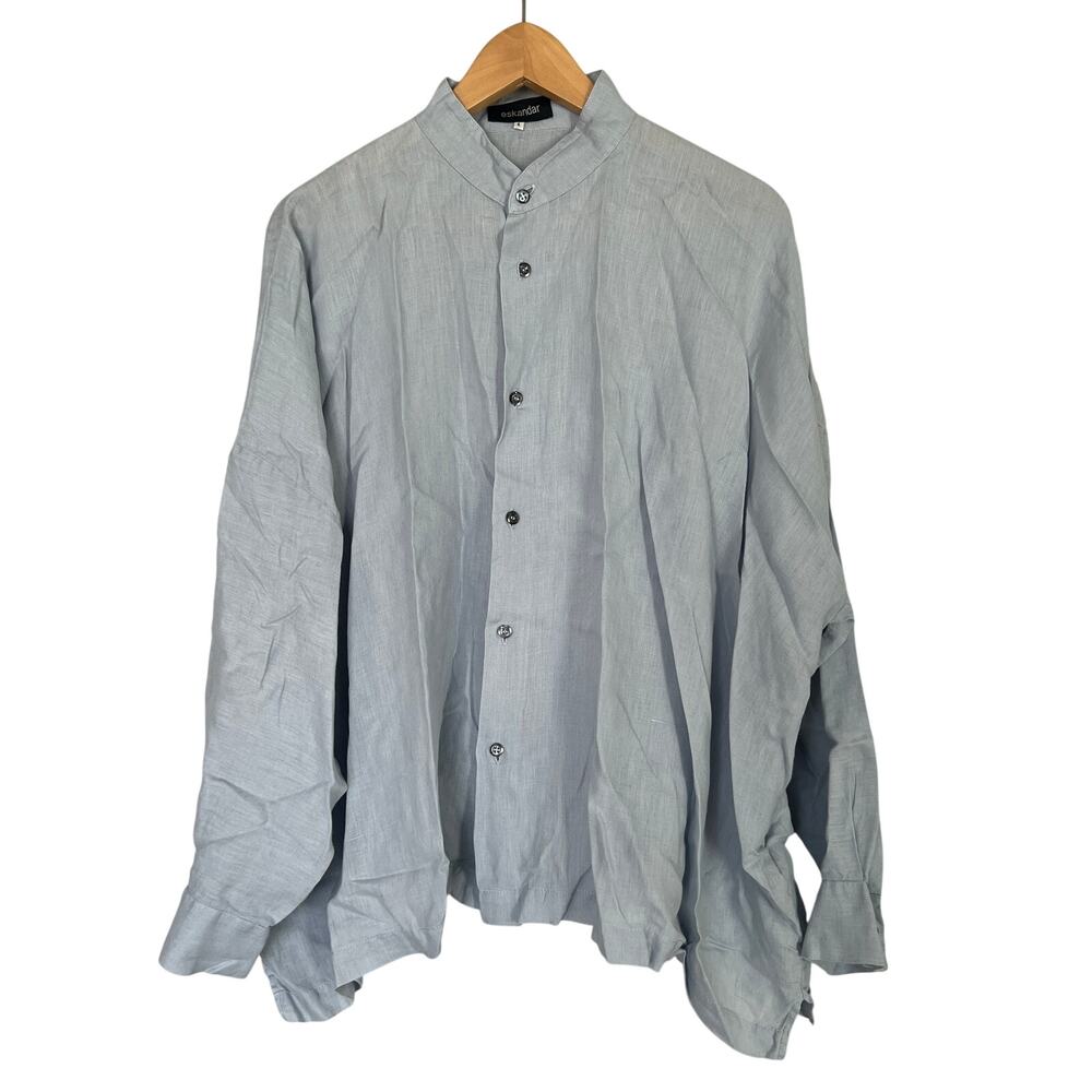 Eskandar Women's Linen A-Line Tunic Top Collarless Blue Size 1 10-12 Hanky Hem